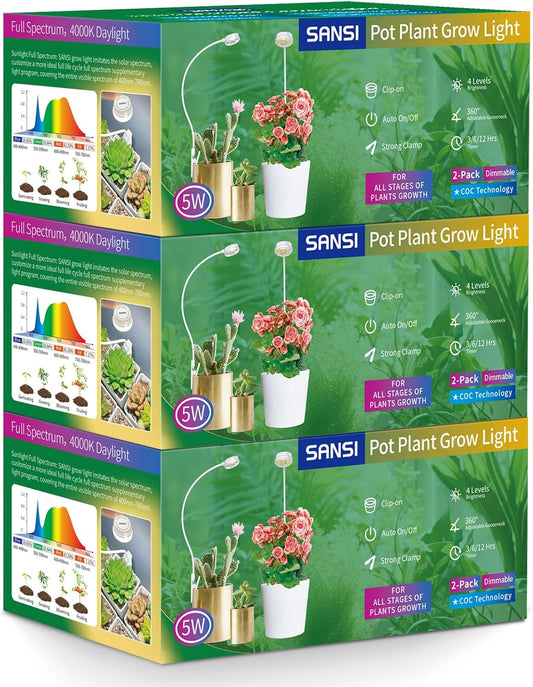 SANSI Grow Lights for Indoor Plants, ETL Listed Pot Clip LED Plant Lights for Indoor Growing, Full Spectrum, 4-Level Dimmable, Auto On Off 3 6 12 Hrs Timer for Small Plants,Garden White 5V 6-Pack