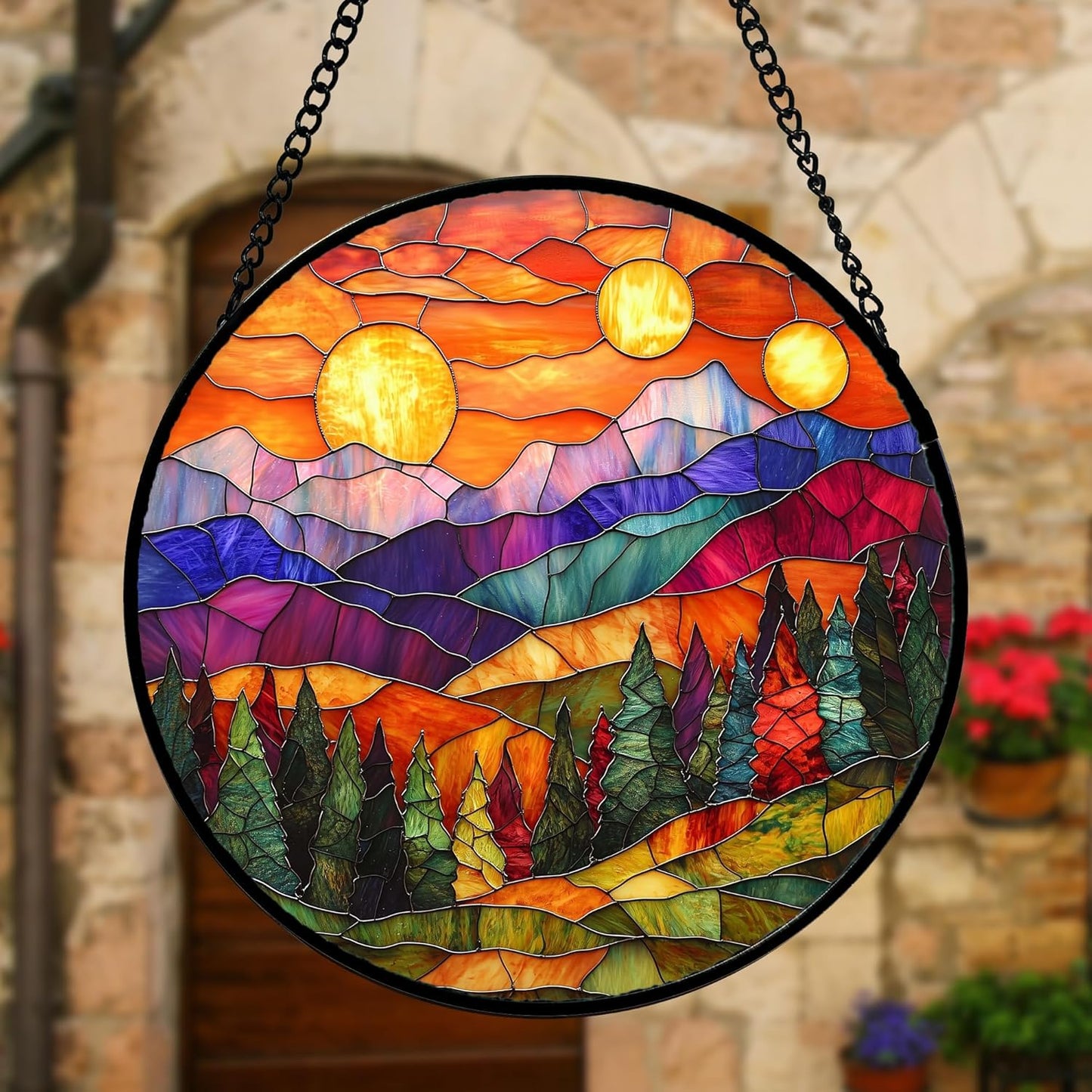 Stained Glass Window Hanging, Sunset Abstract Sun Catchers Colorful Glass Panel Landscape Suncatcher Decor for Birthday for Women, Men, Wife, Aunt, and Mom 7.8 in
