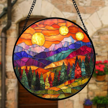 Stained Glass Window Hanging, Sunset Abstract Sun Catchers Colorful Glass Panel Landscape Suncatcher Decor for Birthday for Women, Men, Wife, Aunt, and Mom 9.8 in