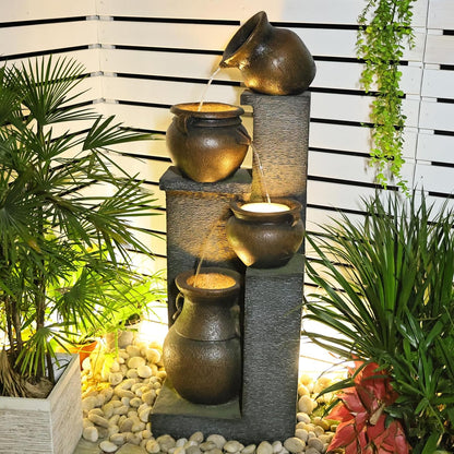 53" H Large Water Fountain Outdoor-The 4 Cascading Modern Feature Crocks Garden Fountains and Waterfalls with Warm Lights for Porch, Deck, Patio, Backyard Home Décor (Gray)