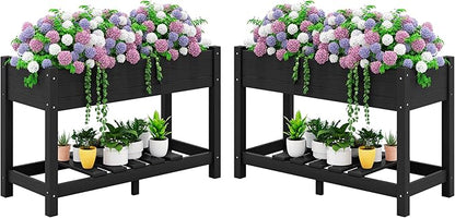 SERWALL Raised Garden Bed Set of 2, HDPE Raised Bed for Gardening All Weather Use- Black