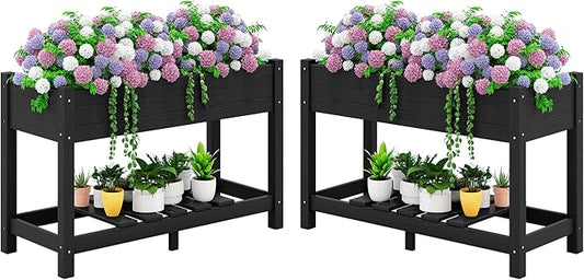 SERWALL Raised Garden Bed Set of 2, HDPE Raised Bed for Gardening All Weather Use- Black