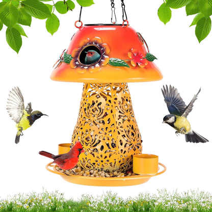 Mushroom Solar Bird Feeders for Outdoors Hanging Metal Wild Bird Feeder Garden Lantern with S Hook for Garden Decoration Orange