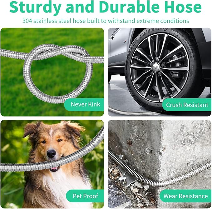 25FT Water Hose, Heavy Duty Stainless Steel Garden Hose with 10 Function Nozzle, Lightweight Metal Hose, No Kink, Leak-proof, Puncture Resistant for Yard, Outdoor, RV