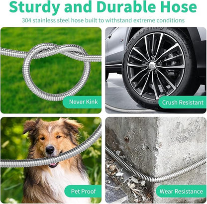 25FT Water Hose, Heavy Duty Stainless Steel Garden Hose with 10 Function Nozzle, Lightweight Metal Hose, No Kink, Leak-proof, Puncture Resistant for Yard, Outdoor, RV