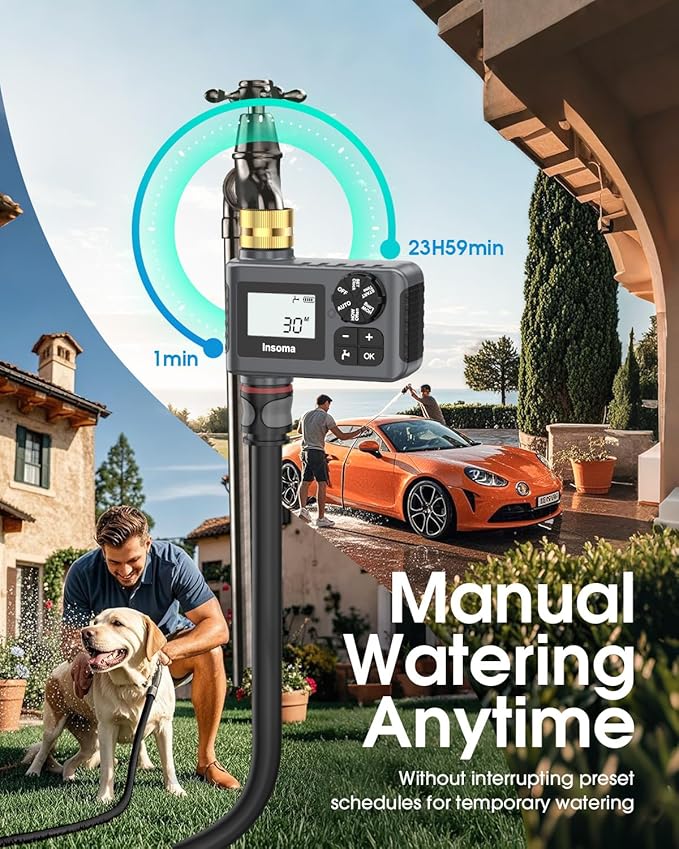 Water Timer with Brass Inlet & Outlet for Outdoor Garden Hose, Hose Timer with Rain Delay/Manual Mode, Automatic Drip Irrigation Controller System for Lawn Yard Garden Watering