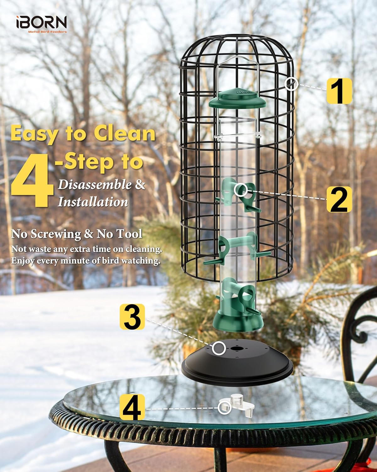 iBorn Squirrel Proof Pigeon Proof Bird Cage for Outside with Squirrel, Pestoff Hanging Wild Bird Seed Feeder for Mix Seed Blends, Heavy Duty All Metal Green 14 Inch