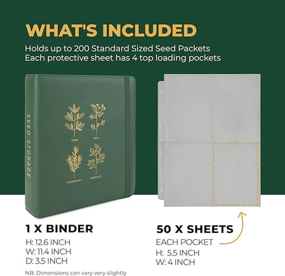 Seed Storage Organizer Binder - Seed Packet Organizer with 50 Pack Sheet Protectors That Stores 200 Seed Envelopes. Seed Storage Binder Delivering Complete Seed Saving Kit for Every Garden Lover.