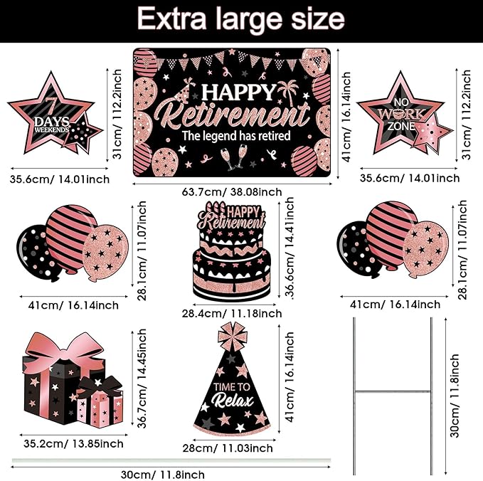 Yulejo 8 Pieces Retirement Yard Sign Decorations Happy Retirement Yard Signs Retirement lawn Sign with Stakes for Outdoor Retirement Party Supplies 16inch (Rose Gold and Black)