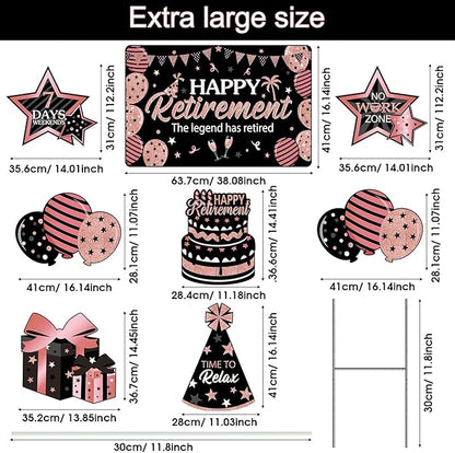 Yulejo 8 Pieces Retirement Yard Sign Decorations Happy Retirement Yard Signs Retirement lawn Sign with Stakes for Outdoor Retirement Party Supplies 16inch (Rose Gold and Black)