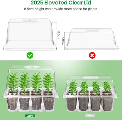 Bonviee 10 Packs Seed Starter Tray with Elevated Lid, 120 Cells Thicken Seed Starting Trays Kit with Adjustable Humidity Vent, Clear Cell Tray and Heightened Lids for Greenhouse & Gardens, Clear
