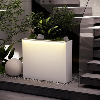 GSK White Metal Planter Box with LED Light Rectangular Illuminate Flower Trough 30" H×10" W×37.9" L Vibe Indoor Light Up Garden Plants Outdoor Separation Patio Porch Balcony