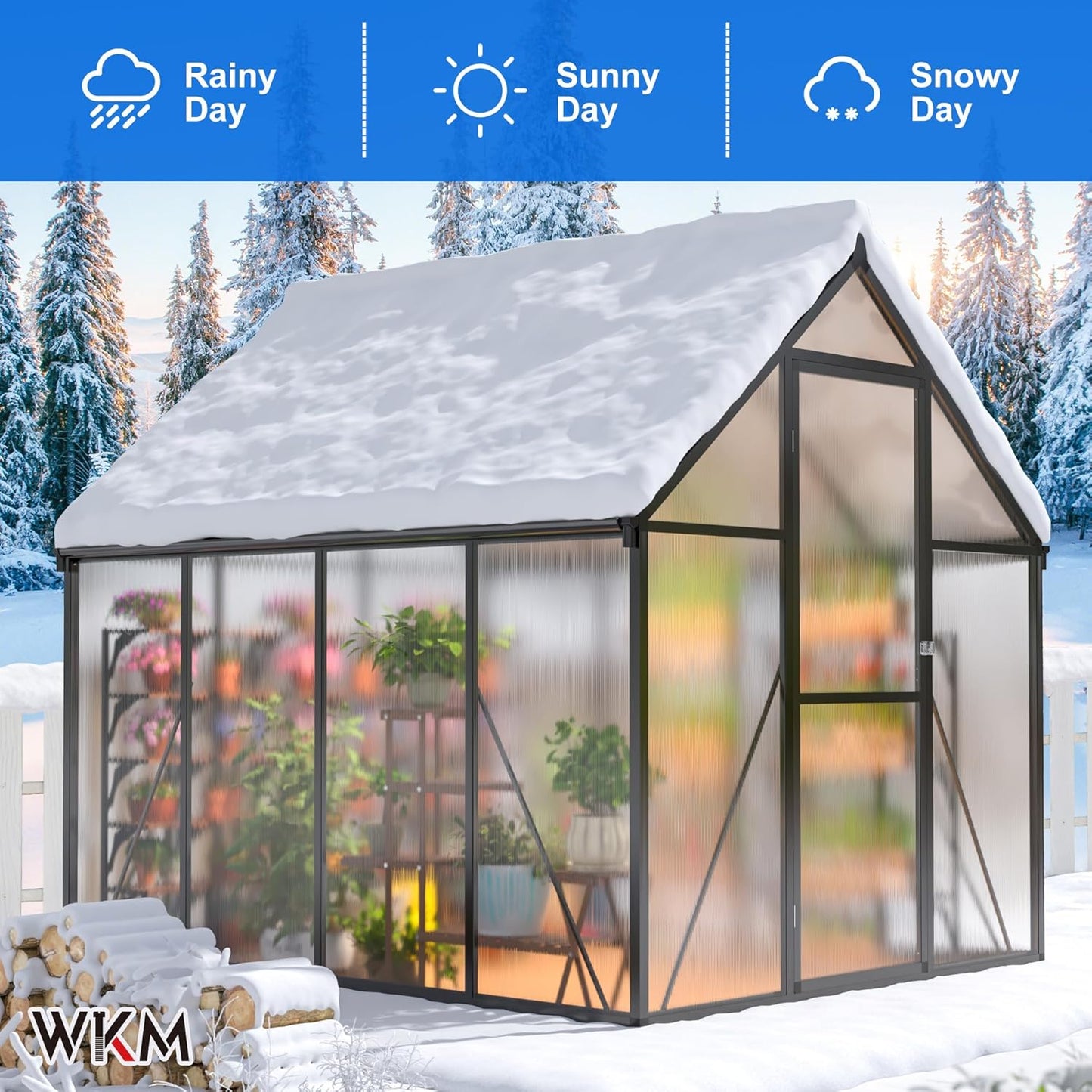 WKM 5.8x7.3 FT Greenhouse for Outdoors, Quick-fit Structure Greenhouse with Window for Ventilation, Aluminum Green House for Garden Backyard, Black