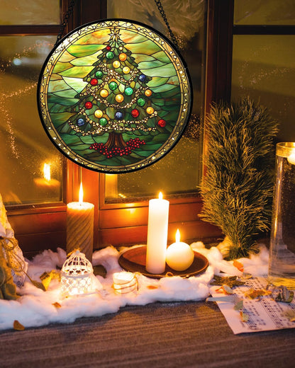 Stained Glass Window Hanging - Green Christmas Tree Gold Ribbon Suncatcher for Doors Home Christmas Decoration Sun Catcher Thanksgiving New Year Birthday Gifts for Women Men Mom Nana 11.8 in