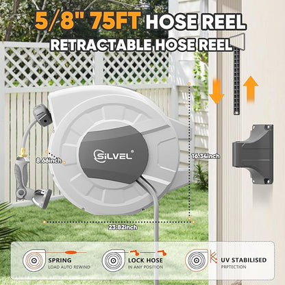 SILVEL Retractable Garden Hose Reel,1/2 in x 75ft Wall Mount Heavy Duty Automatic Hose Reel with 10 Pattern Nozzle, Any Length Lock & Slow Return System, 180°Swivel Bracket Upgraded UV Resistant