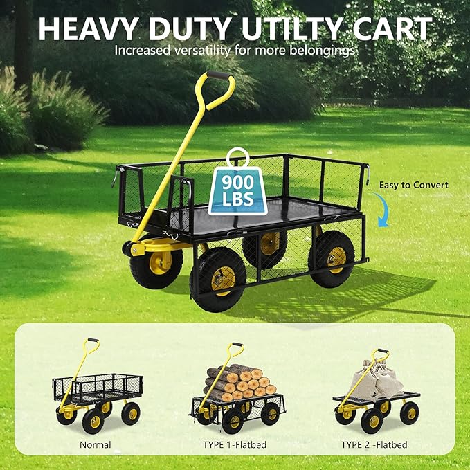 Steel Garden Cart, 2-in-1 Heavy Duty Utility Wagon 900 LBS Capacity Carts with Removable Mesh Sides to Convert into Flatbed, 240° U-Turn 10" Pneumatic Tires Garden Wagon for Lawn Camping Farm Yard