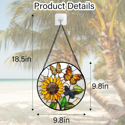 Stained Glass Window Hanging, Butterfly and Sunflowers Sun Catchers Glass Panel Plant Insects Suncatcher Decor for Birthday for Women, Men, Wife, Aunt, and Mom 9.8 in
