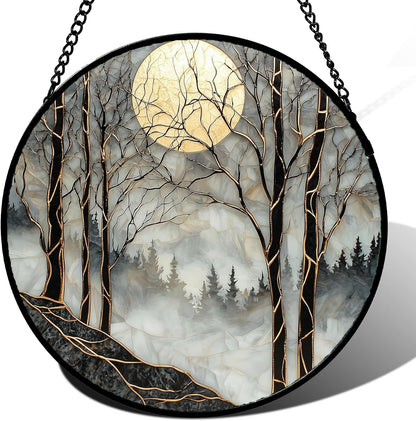 Stained Glass Window Hanging - Black and White Gold Moon Forest Sun Catcher for Door Home Decor Suncatcher Christmas Mother's Day Birthday Gifts for Women Men Lovers Mom Nana 11.8 in