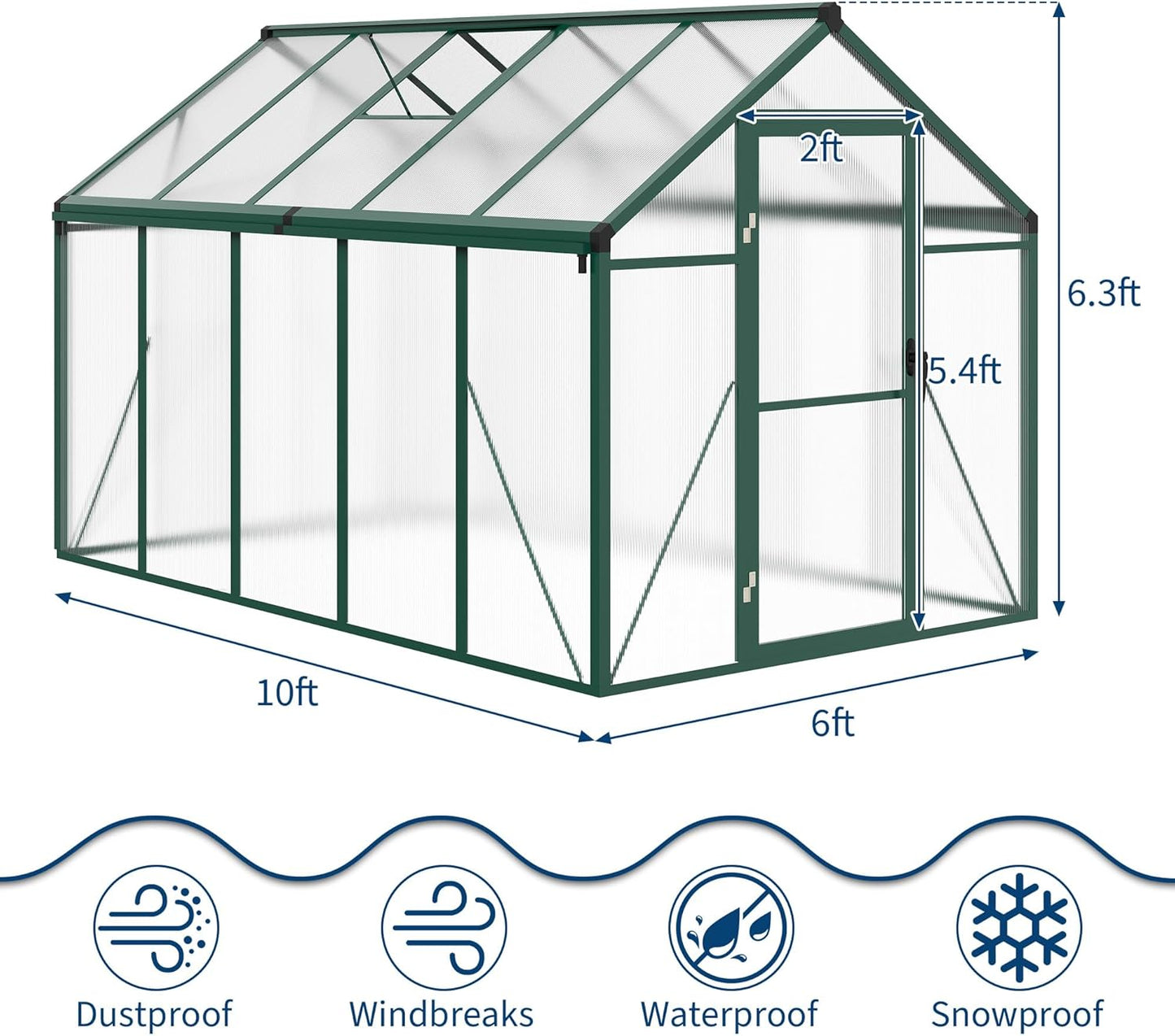 6x10 ft Greenhouse for Outdoors, Polycarbonate Greenhouse with Roof Vent, Ground Nails, Lockable Push Door, Aluminum Large Walk-in Green House for Outside Garden Backyard, Patio, Lawn, Green