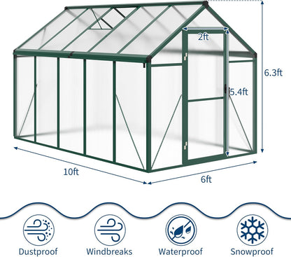 6x10 ft Greenhouse for Outdoors, Polycarbonate Greenhouse with Roof Vent, Ground Nails, Lockable Push Door, Aluminum Large Walk-in Green House for Outside Garden Backyard, Patio, Lawn, Green