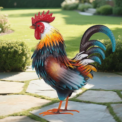 Rooster Garden Statue Sculpture Metal Chicken Yard Decor Outdoor Figurines Patio Backyard Decoration (Yellow)