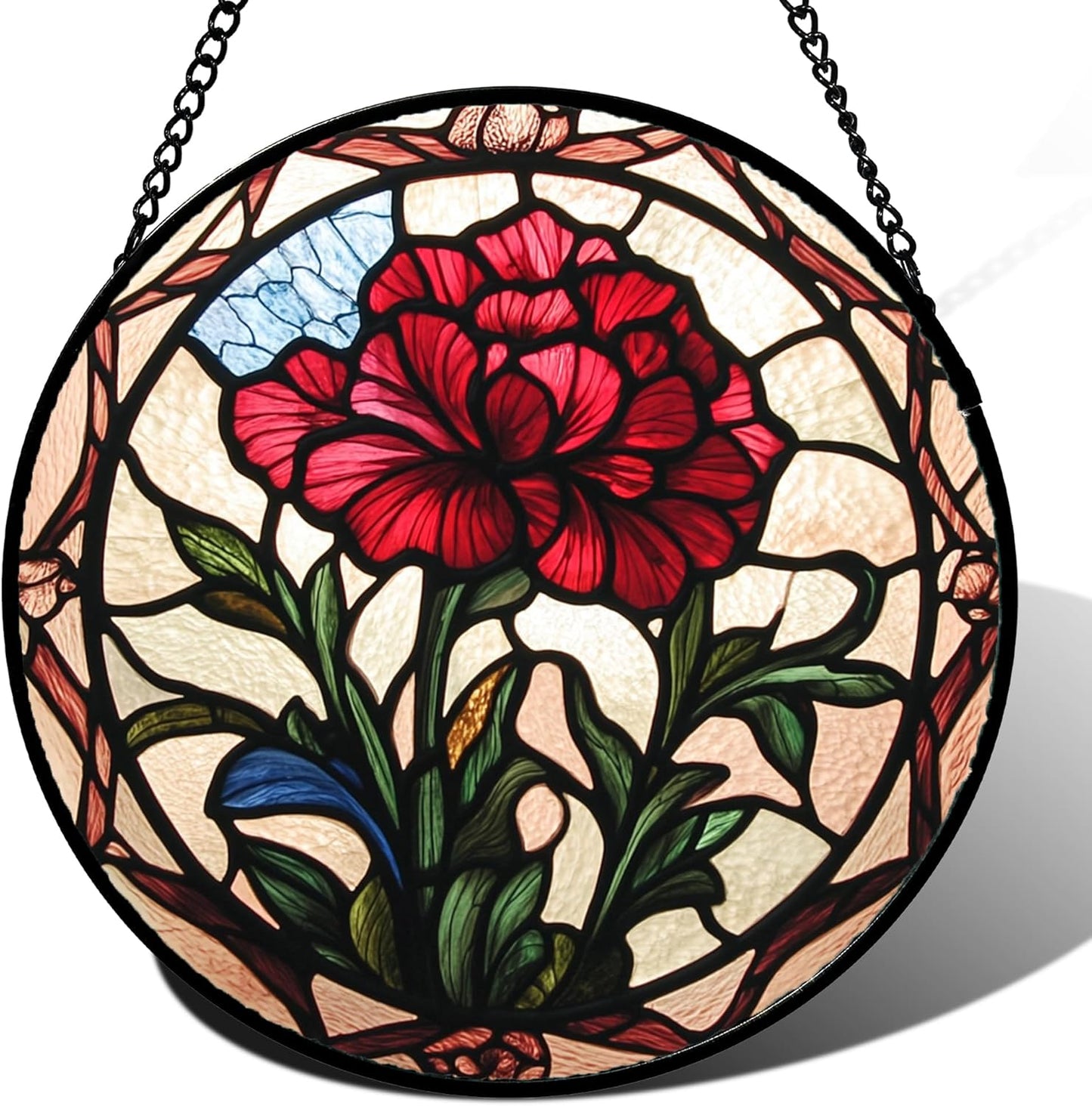Stained Glass Window Hanging - Red Carnation Birth Flower Sun Catcher for Door Garden Home Decor Suncatcher Christmas Mother's Day Birthday Gifts for Women Men Mom Nana Friend Wife 11.8 in
