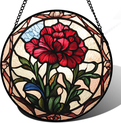 Stained Glass Window Hanging - Red Carnation Birth Flower Sun Catcher for Door Garden Home Decor Suncatcher Christmas Mother's Day Birthday Gifts for Women Men Mom Nana Friend Wife 9.8 in