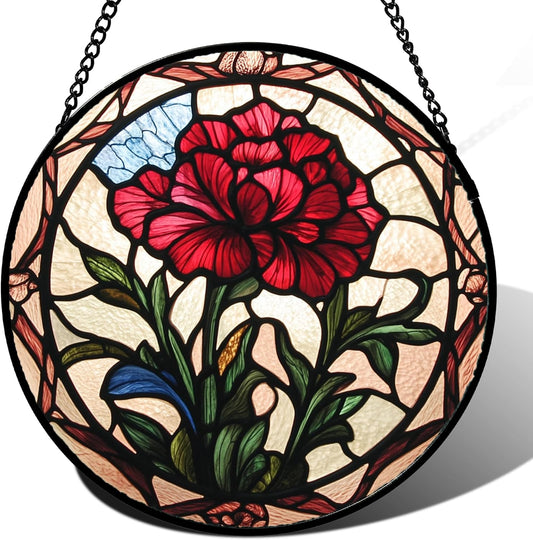 Stained Glass Window Hanging - Red Carnation Birth Flower Sun Catcher for Door Garden Home Decor Suncatcher Christmas Mother's Day Birthday Gifts for Women Men Mom Nana Friend Wife 9.8 in