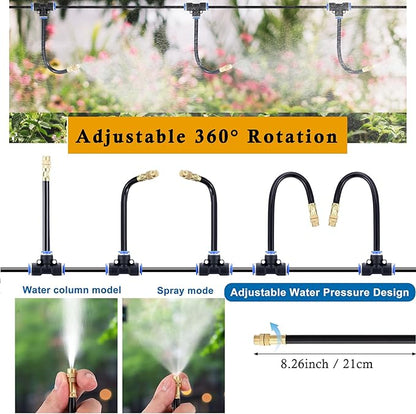 Mornajina Automatic Drip Irrigation Kits Garden Irrigation System, Includes Calcium Inhibitor Filter & 66FT 5/16 inch Irrigation Tubing Hose & 20Pcs 360° Bending Dropper Atomizing Mist Nozzles Tee