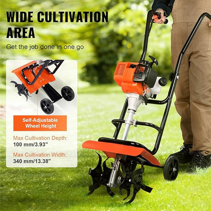 VEVOR Tiller Cultivator, 31CC 4-Stroke Garden Cultivator, Tiller with 4 Steel Adjustable Front Tines for Lawn, Garden and Field Soil Cultivation, Orange