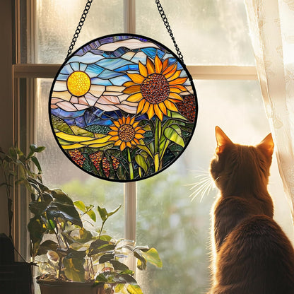 Stained Glass Suncatcher, Sunflower Flowers Landscape Sun Catcher Plant Mountains Stain Glass Window Hanging Decoration Mother's Day Birthday Gifts for Women Men Mom Nana 11.8 in
