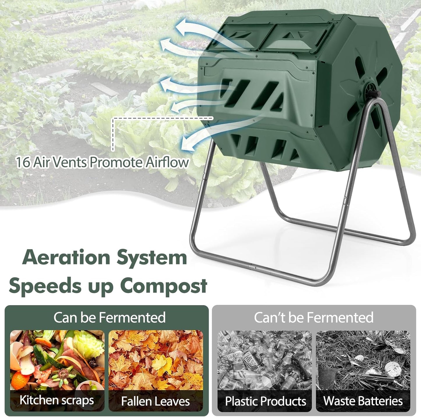 S AFSTAR Composter Tumbler Outdoor, 42-Gal Dual Chamber Tumbling Composter with 2 Sliding Doors, Metal Frame, BPA-Free Large Rotating Compost Bin Tumbler for Garden Yard Waste (Green)