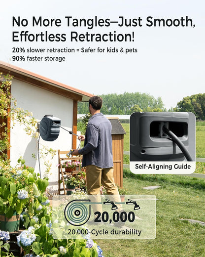 Retractable Garden Hose Reel 1/2 in x 50 ft Metal Bracket, 2025 Upgraded Dual Ratchet Lock UV & Freeze Protection Brass Seal Slow Retraction Anti-Tangle Hose 180°Swivel