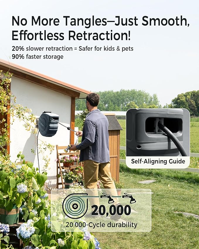 GLAHODEN Retractable Garden Hose Reel 5/8 in x 90 ft, 2025 Upgraded Dual Ratchet Lock UV & Freeze Protection Brass Seal Slow Retraction Anti-Tangle Hose 180°Swivel Reinforced Scaffold Wall Mount