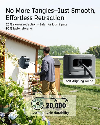 GLAHODEN Retractable Garden Hose Reel 5/8 in x 90 ft, 2025 Upgraded Dual Ratchet Lock UV & Freeze Protection Brass Seal Slow Retraction Anti-Tangle Hose 180°Swivel Reinforced Scaffold Wall Mount