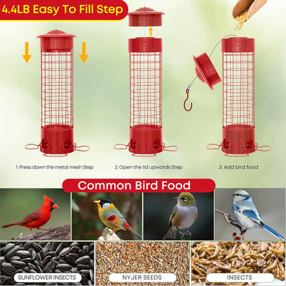 Squirrel Proof Bird Feeders, Metal Wild Bird Feeder for Outdoors Hanging, Weight Activated Squirrel Buster for Chickadees, Goldfinches, Cardinals, Chew-Proof, 4.4LB Large Capacity, Red