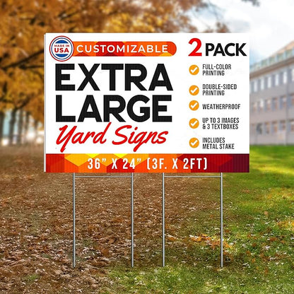 36"x24" Custom Yard Signs with Stakes Personalized Yard Signs with Full Color Print and Text Large Custom Outdoor Signs, for Business (2)