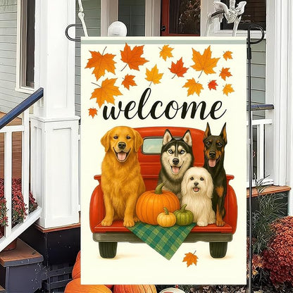 Welcome Fall Garden Flag 12x18 Inch Double Sided Red Truck with Dogs Yard Flags Autumn Pumpkin Leaf Outdoor Decoration Small Flag for Porch Lawn Pet Lovers