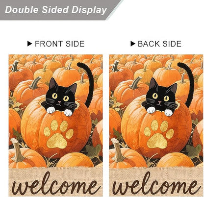 Thanksgiving Fall Garden Flag 12x18 Inch Welcome Black Cat Flag Double Sided Outdoor Autumn Yard Banner with Pumpkins and Paw Print for Porch Lawn Patio Seasonal Decor