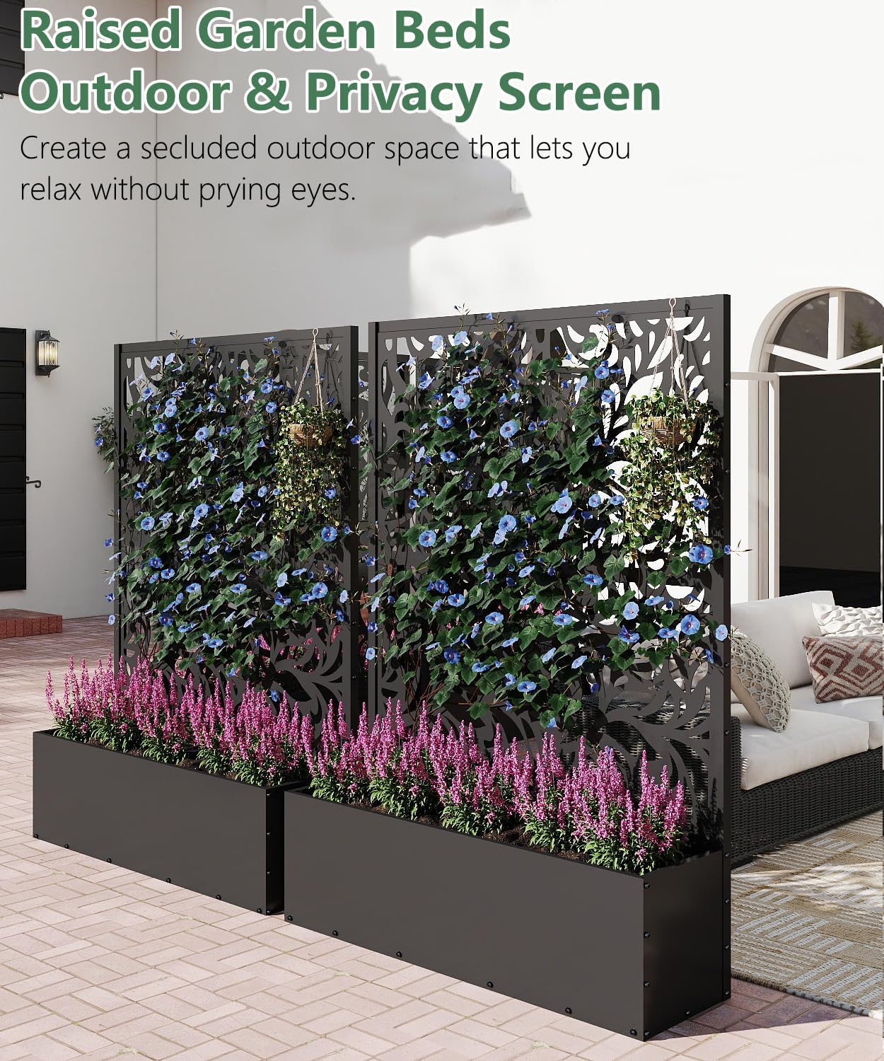 Metal Planter Box with Trellis,70.9"x47.2"x15.7" Raised Garden Bed with Drainage Holes, Privacy Planters for Outdoor Garden Bed for Climbing Plants,Vegetables,and Vines, Black-Flower