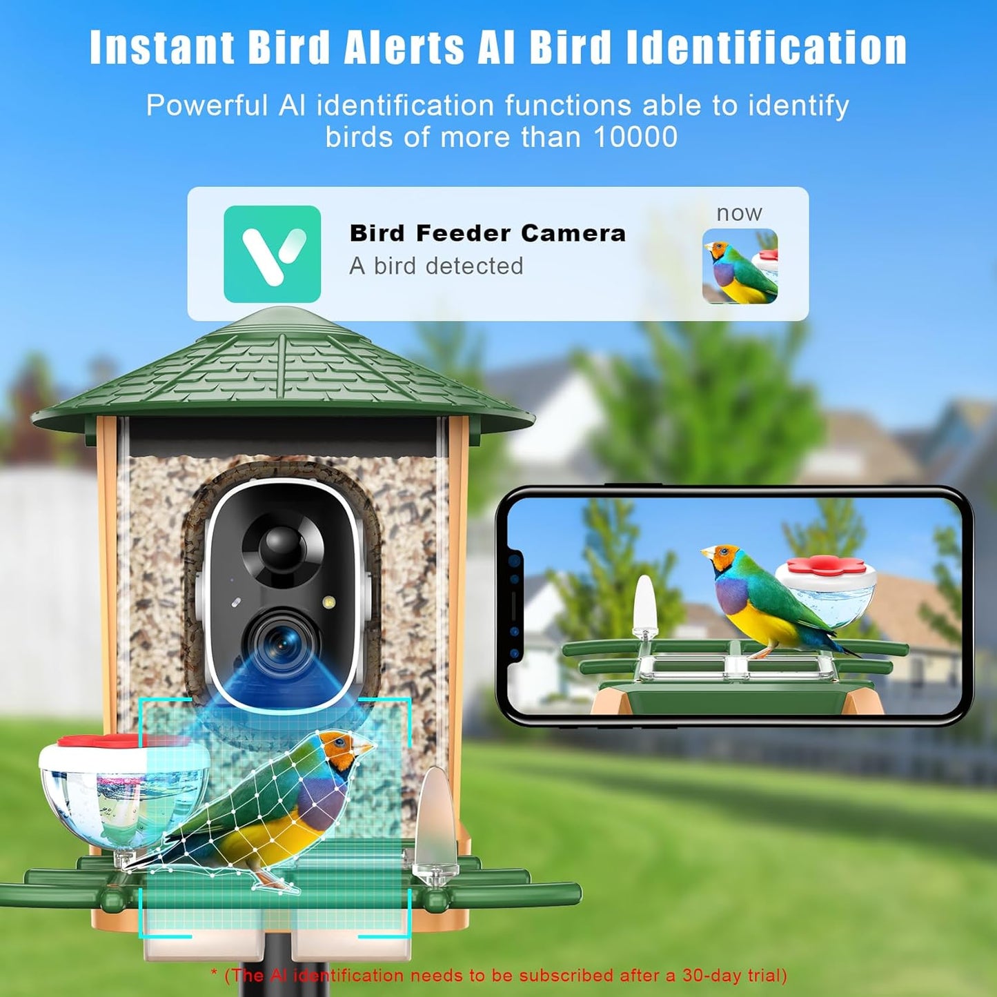 Smart Bird Feeder with Camera with AI Identify Birds Species & Solar Panel, WiFi Birdfeeder with Cam, 2K Live View, Chew-Proof & Waterproof Design, Real-Time App Alerts, Gift for Bird Lovers, Green
