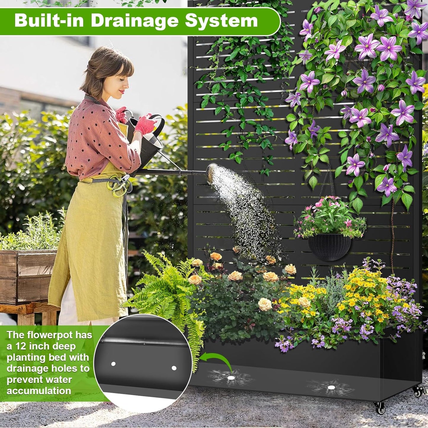 Metal Planter Box with Trellis, 72"x47"x16" Metal Raised Garden Bed with Trellis, Trellis Planter Box with Drainage Holes & Lockable Casters for Climbing Plants, Vegetables, and Vines