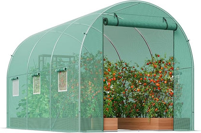 VEVOR Walk-in Tunnel Greenhouse, 11.3x6.4x6.3 ft Hoop House Greenhouse Tunnel, Plant Hot House with Galvanized Steel Frame, Green PE Cover, Roll-up Zipper Door and 6 Windows for Outdoor