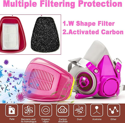 RANKSING Respirator Mask with Filters and Glasses to Against Dust Gases Fumes in Painting Spraying Sanding Orange/Pink