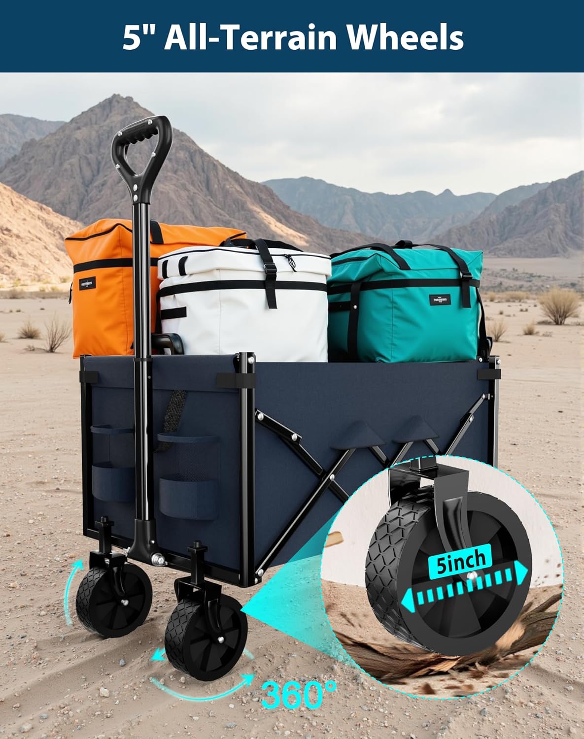 Lightweight Folding Wagon, Large Capacity Collapsible Grocery Cart on Big Wheels, Heavy Duty Foldable Shopping Carts, All-Terrain Outdoor Utility Carts, 3.5 Cu Ft, Blue