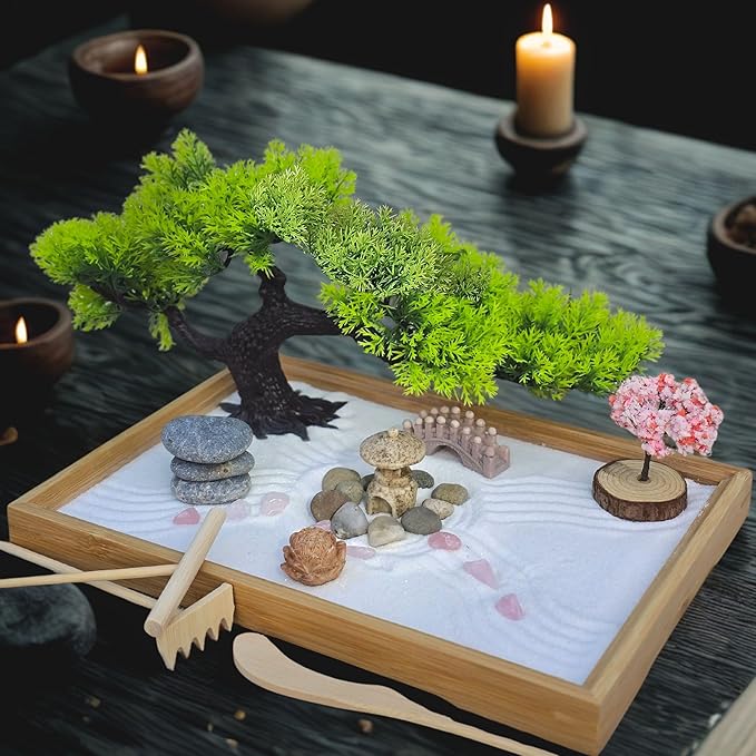 Zen Garden for Desk – Mini Japanese Rock Garden with Crystals, Bonsai Tree & Sand Tools,11x7.5in Stress Relief Desk Decor, Meditation & Relaxation Gift Set (Natural Bamboo)