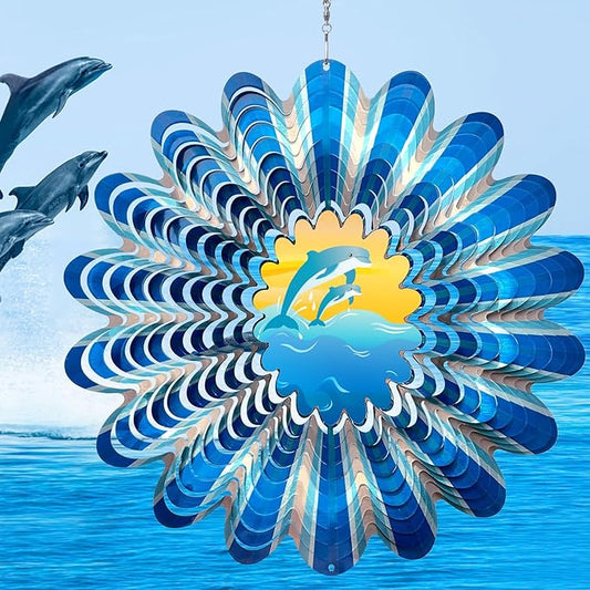Animated Dolphin Wind Spinner | 3D Holographic Stainless Steel Kinetic Wind Spinners, Magical Dolphins Leaping Illusion, Outdoor Yard Art Garden Decor, Gift for Ocean Lover
