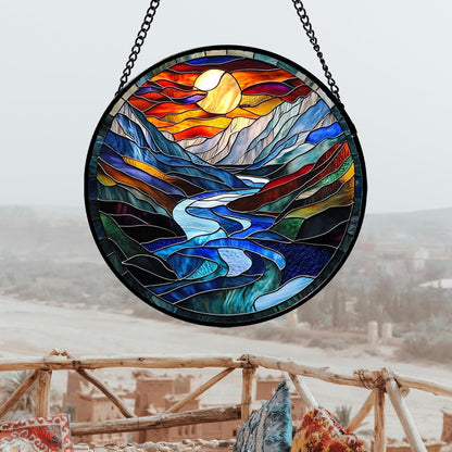Stained Glass Window Hanging, Canyon Mountains Sunset View Sun Catcher for Window Home Decor Landscape Suncatcher Mother's Day Birthday Gifts for Women Men Mom and Nana 11.8 in
