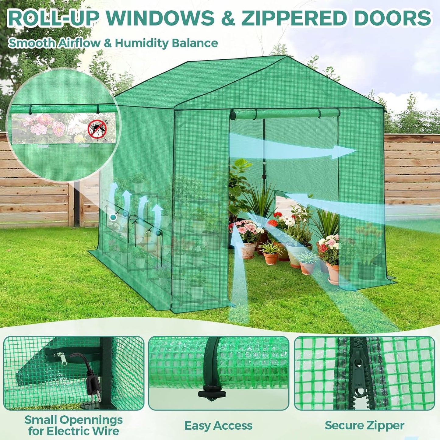 COOS BAY 8x8 FT Portable Walk-in Greenhouse, Pop up Outdoor Green House with Power Access Openings, Zippered Doors & Windows, Durable PE Cover, Green