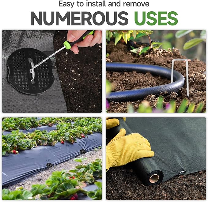 Garden Stakes,6 Inch 11 Gauge 50pcs Galvanized Landscape Staples + 50pcs Gaskets + 1Pick Hook,Tent Stakes Landscaping Fabric SOD Pins for Weed Fabric Barrier,Groud Cover,Fence